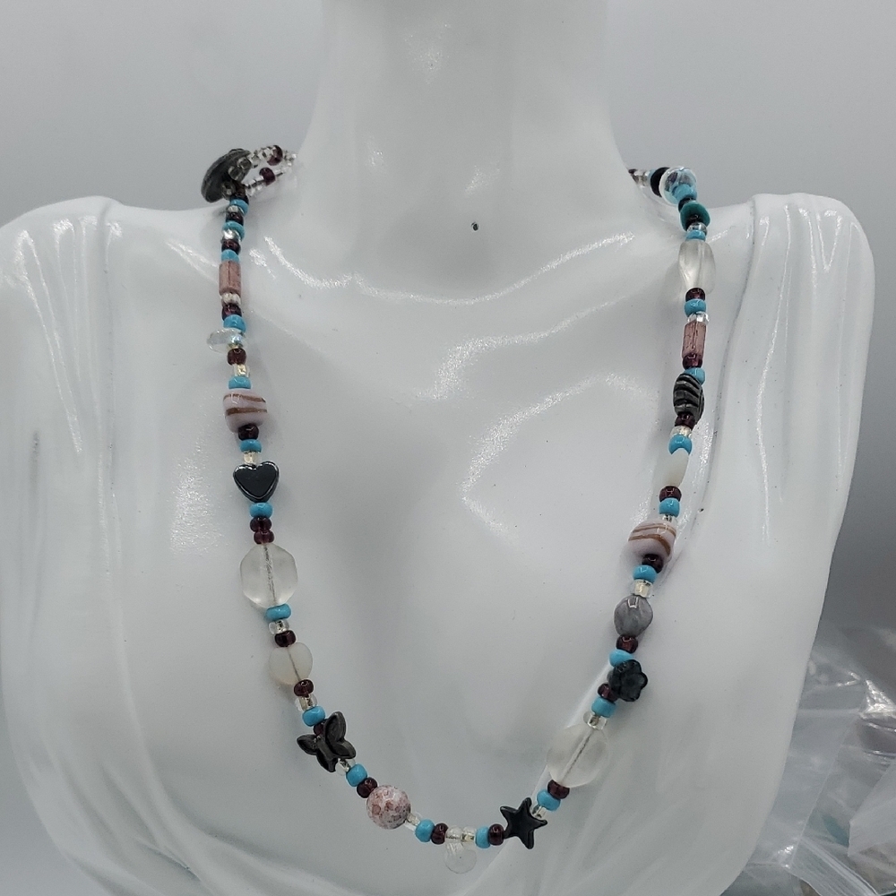 Boho Mixed Gemstone Beaded Necklace with Heart and Butterfly 16 Inch N3619